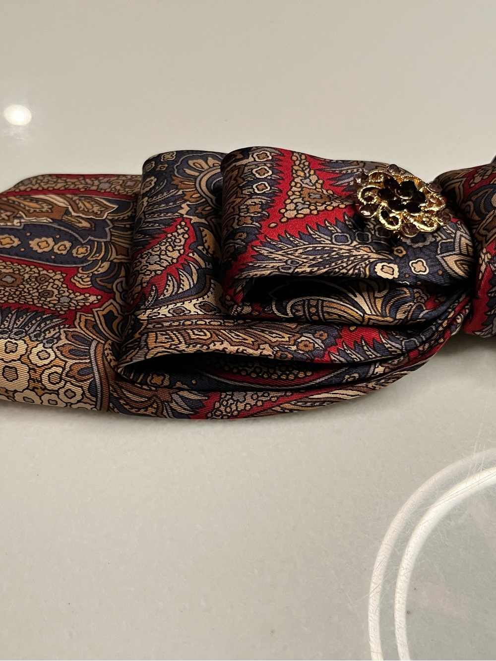 Silk Paisley Women’s Unique Necktie with Gold Brooch - Red, Navy & Brown